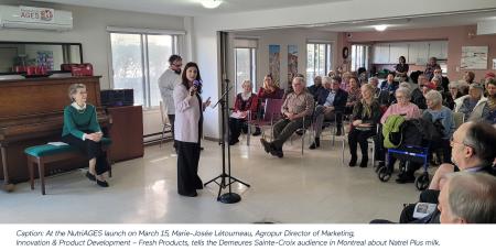 At the NutriAGES launch on March 15, Marie-Josée Létourneau, Agropur Director of Marketing, Innovation & Product Development – Fresh Products, tells the Demeures Sainte-Croix audience in Montreal about Natrel Plus milk.