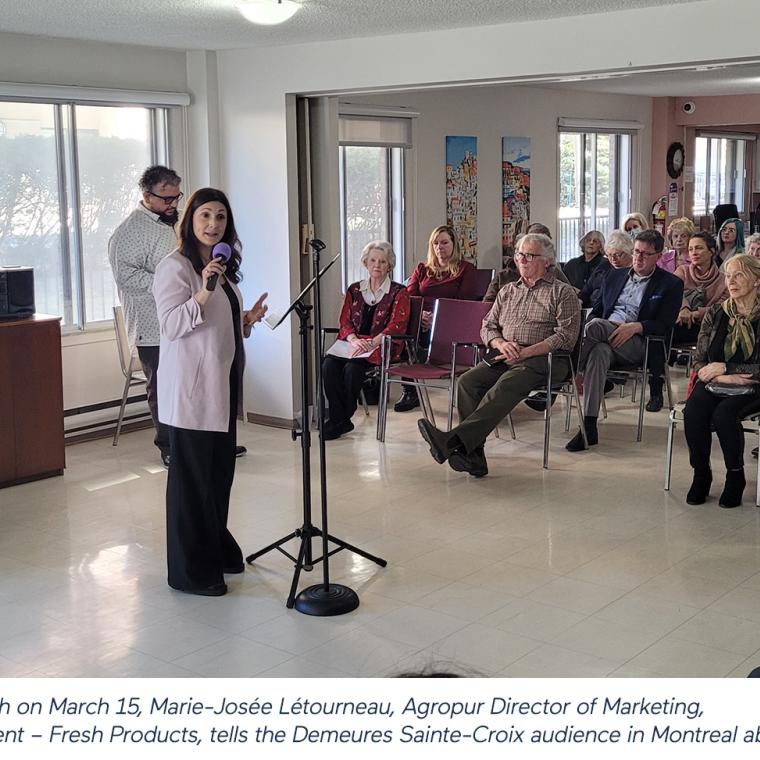 At the NutriAGES launch on March 15, Marie-Josée Létourneau, Agropur Director of Marketing, Innovation & Product Development – Fresh Products, tells the Demeures Sainte-Croix audience in Montreal about Natrel Plus milk.